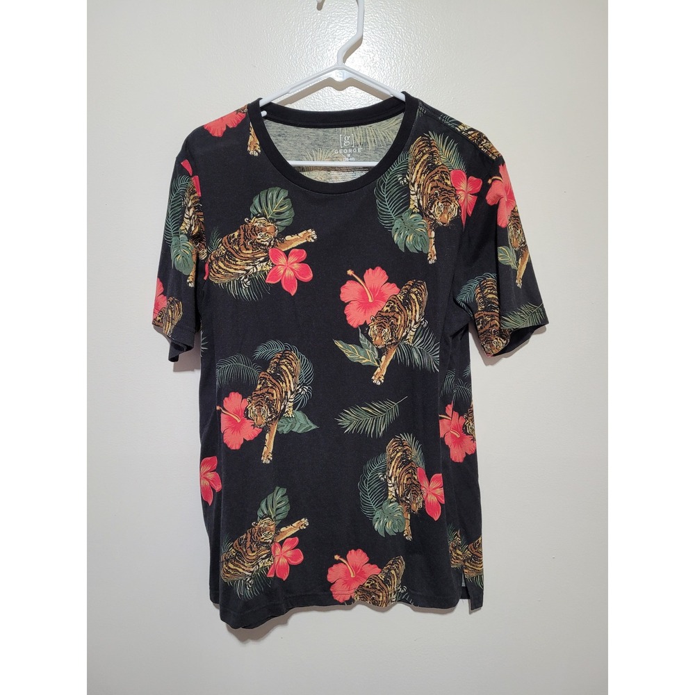 George Tiger Floral‎ Tropical T-Shirt Mens Medium Black